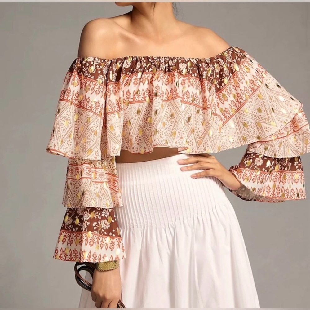Mare Mare x Anthropologie Madera off-the-shoulder tiered blouse.